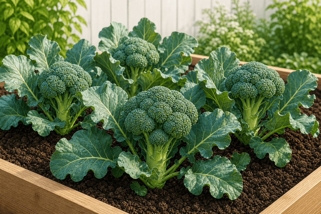 Broccoli heads growing among broad green leaves