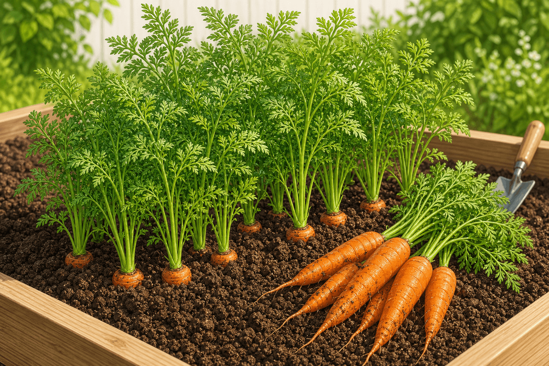 Carrot tops and harvested carrots in loose garden soil