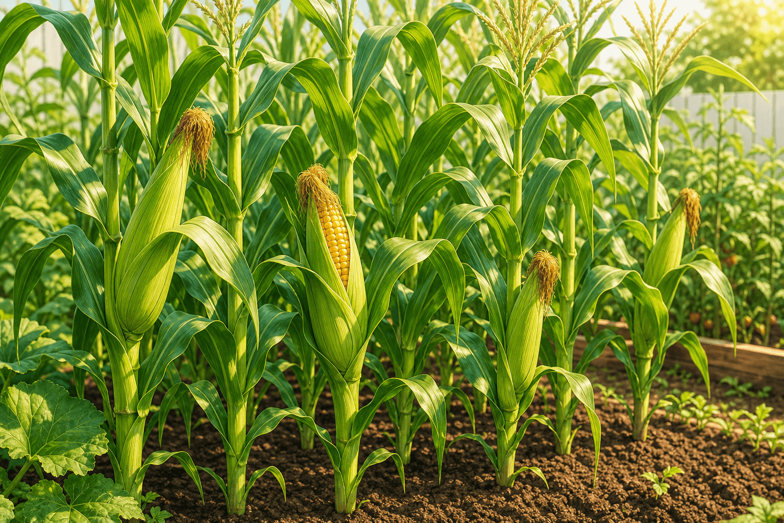 Sweet corn stalks with ears forming in a sunny garden