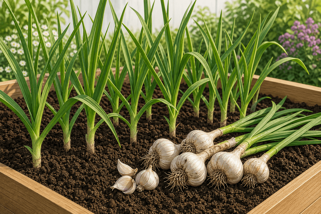 Garlic bulbs and green garlic shoots in a vegetable bed