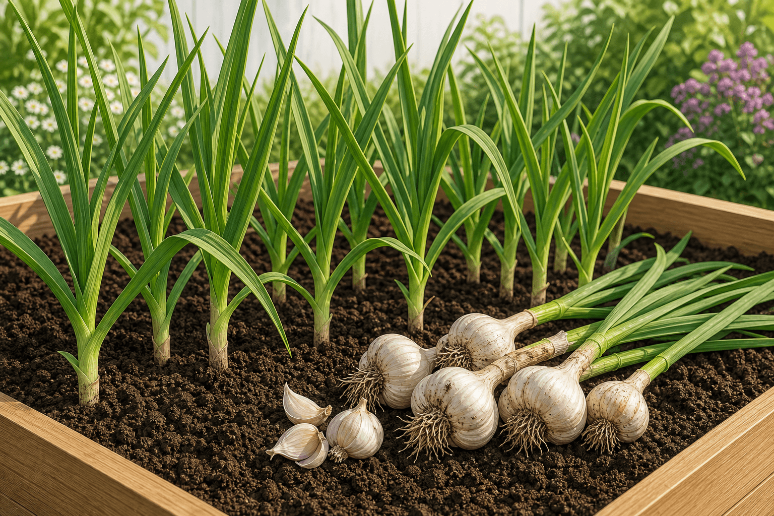 Garlic bulbs and green garlic shoots in a vegetable bed