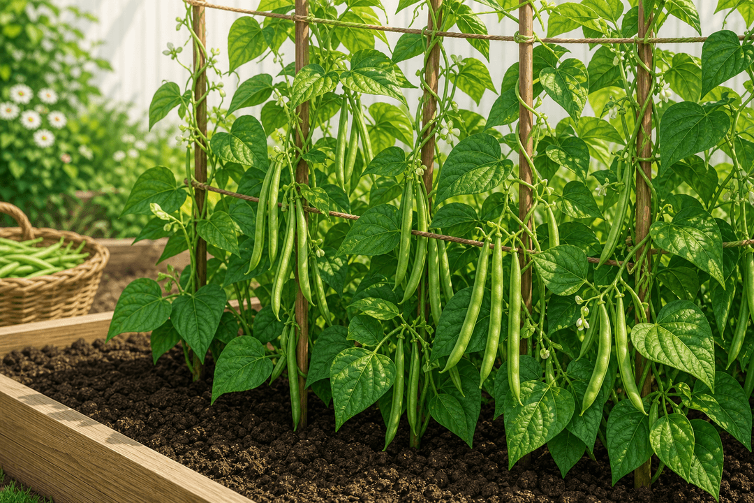 Green bean plants with slender pods in a home garden