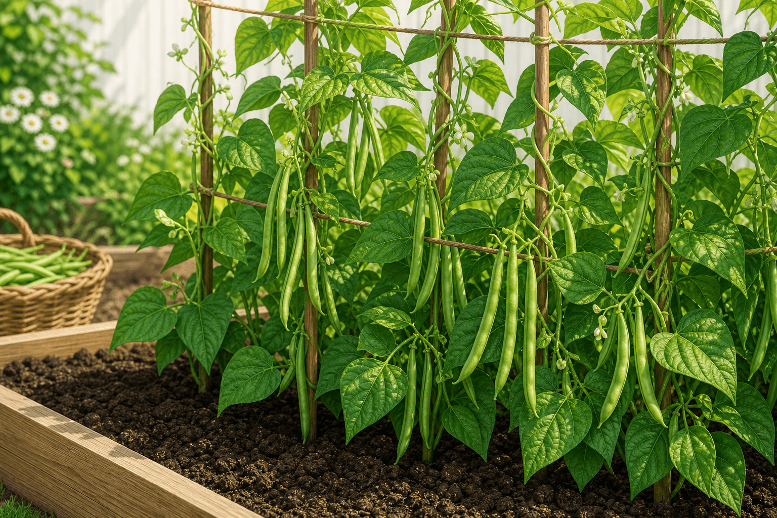 Green bean plants with slender pods in a home garden