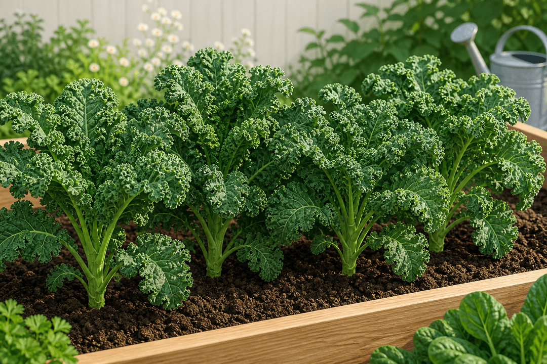 Kale plants with textured green leaves in a garden bed