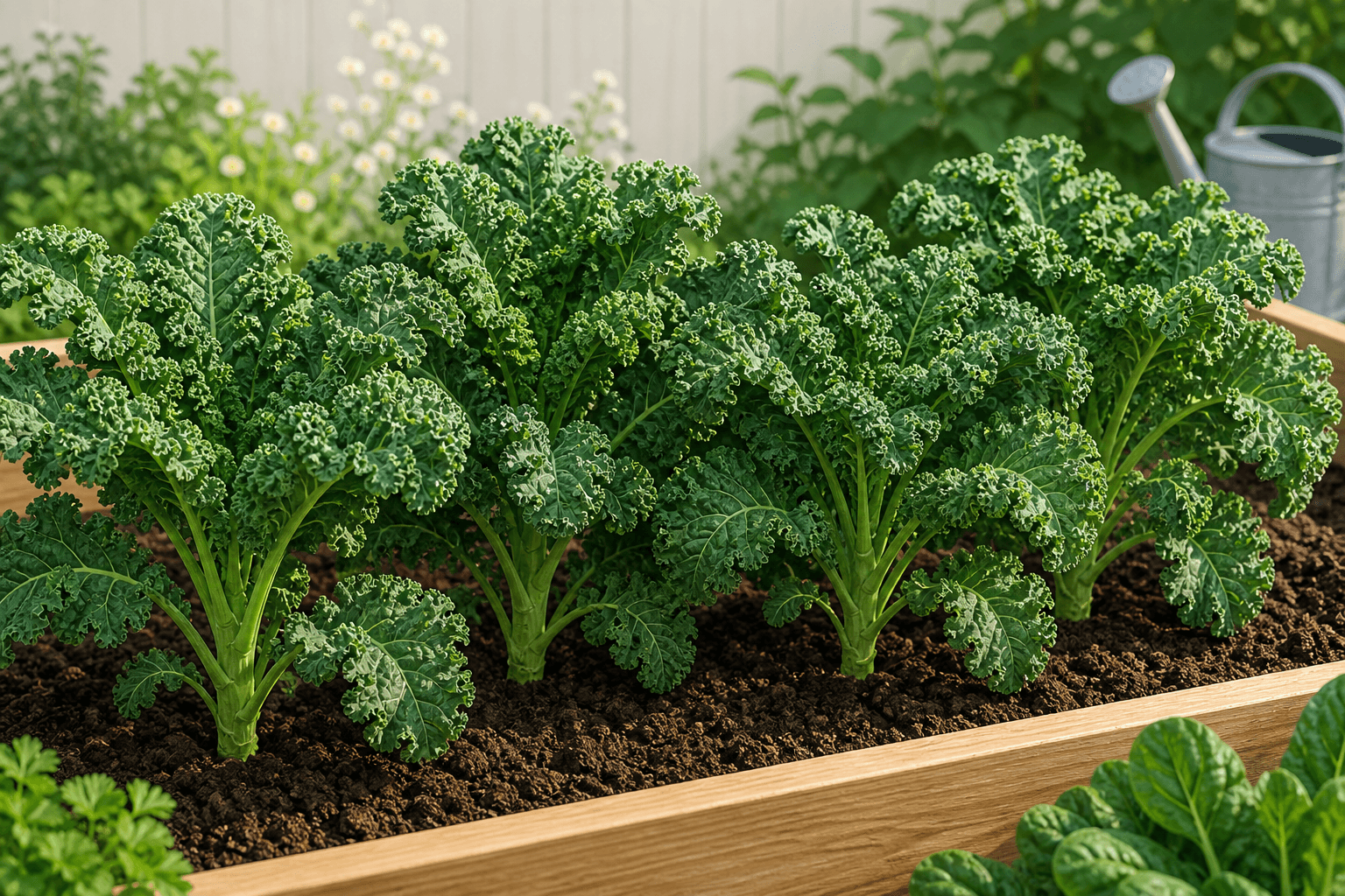Kale plants with textured green leaves in a garden bed