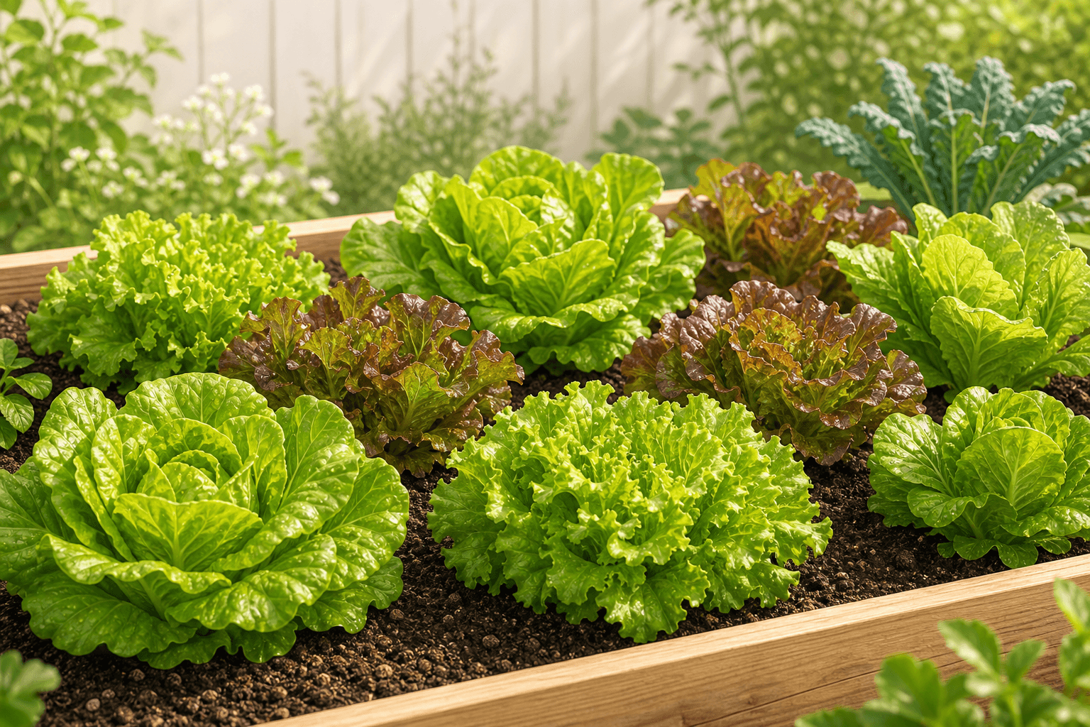 Fresh lettuce heads growing in a raised garden bed