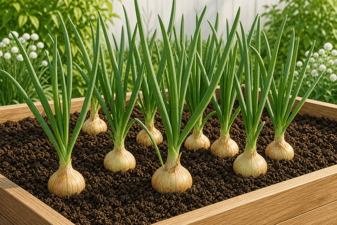 Onion bulbs and upright green leaves in loose soil
