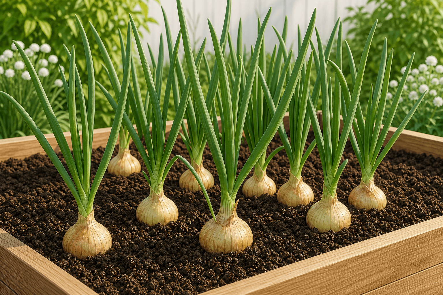 Onion bulbs and upright green leaves in loose soil