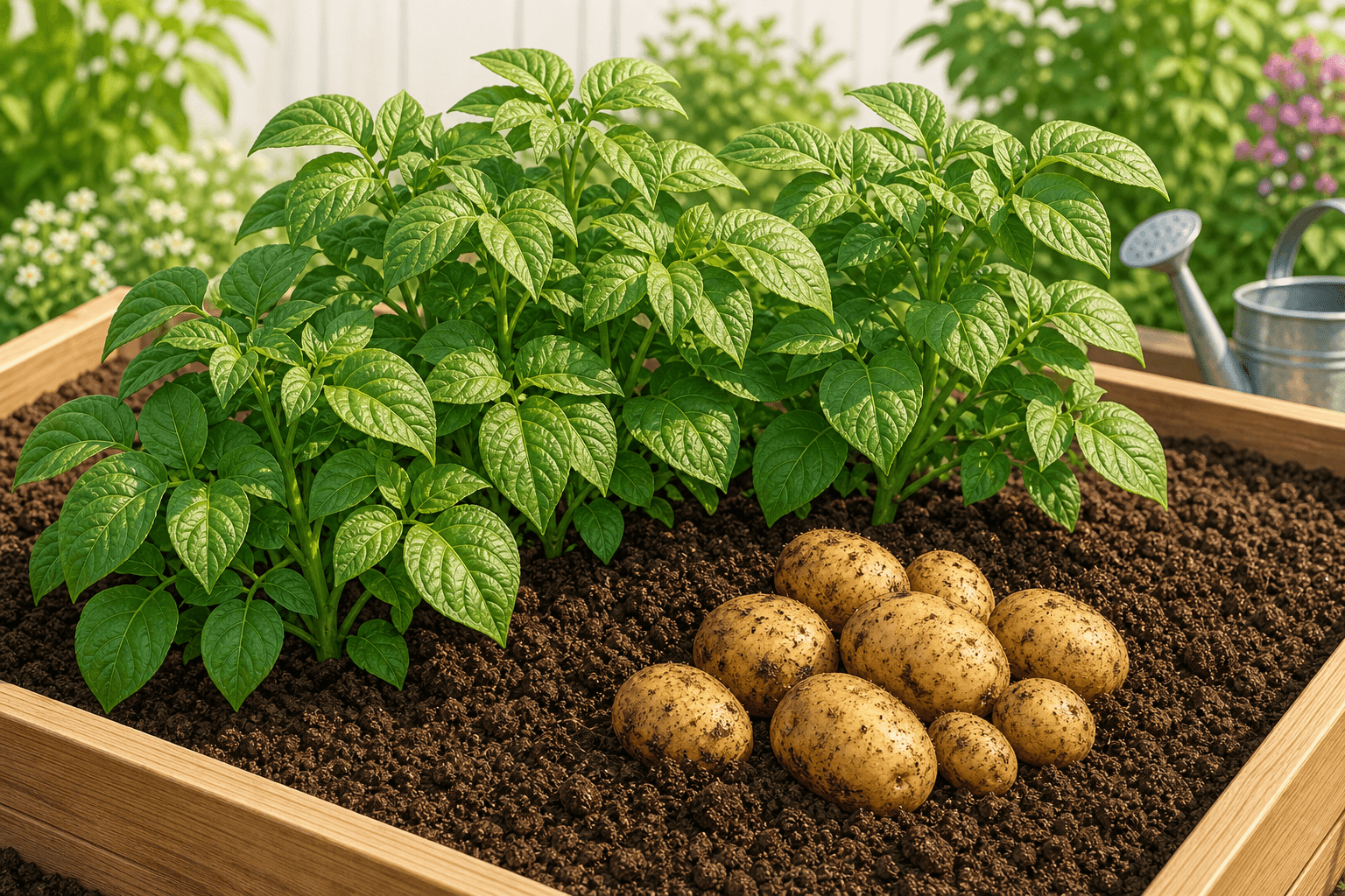 Potato plants and harvested potatoes in garden soil