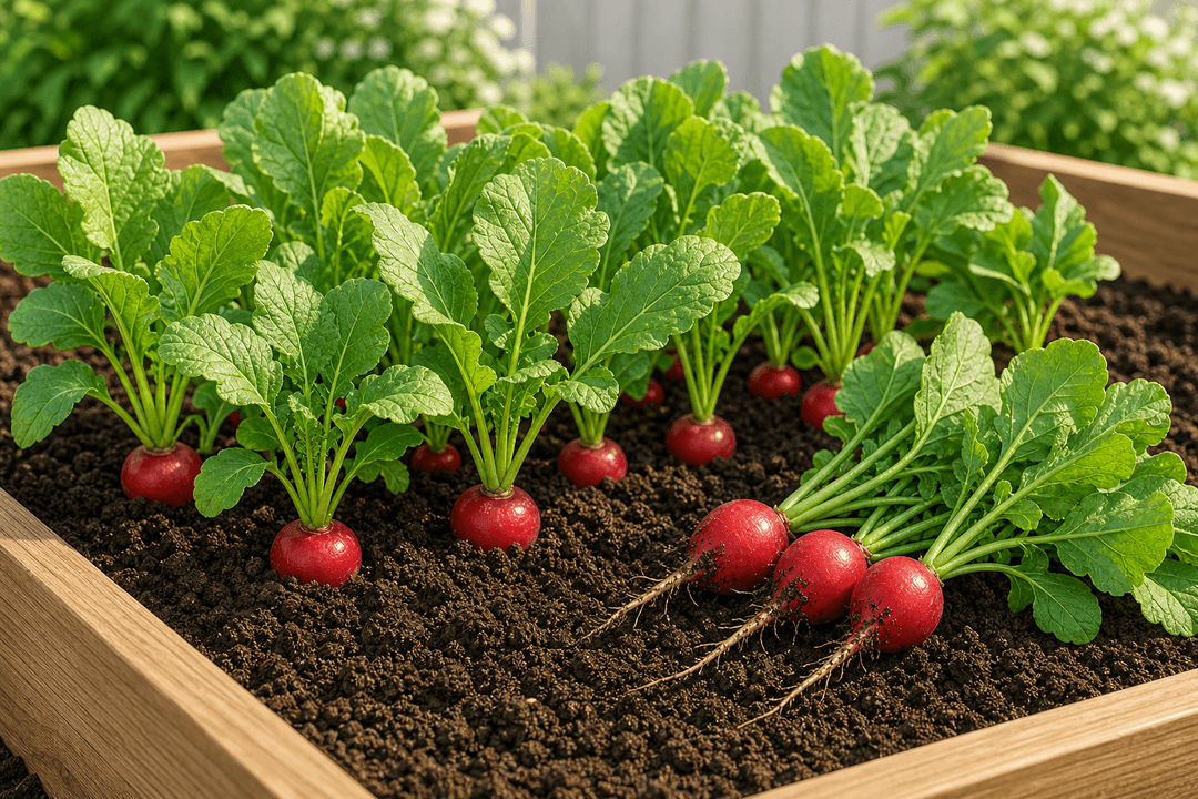 Red radishes with leafy tops growing in garden soil
