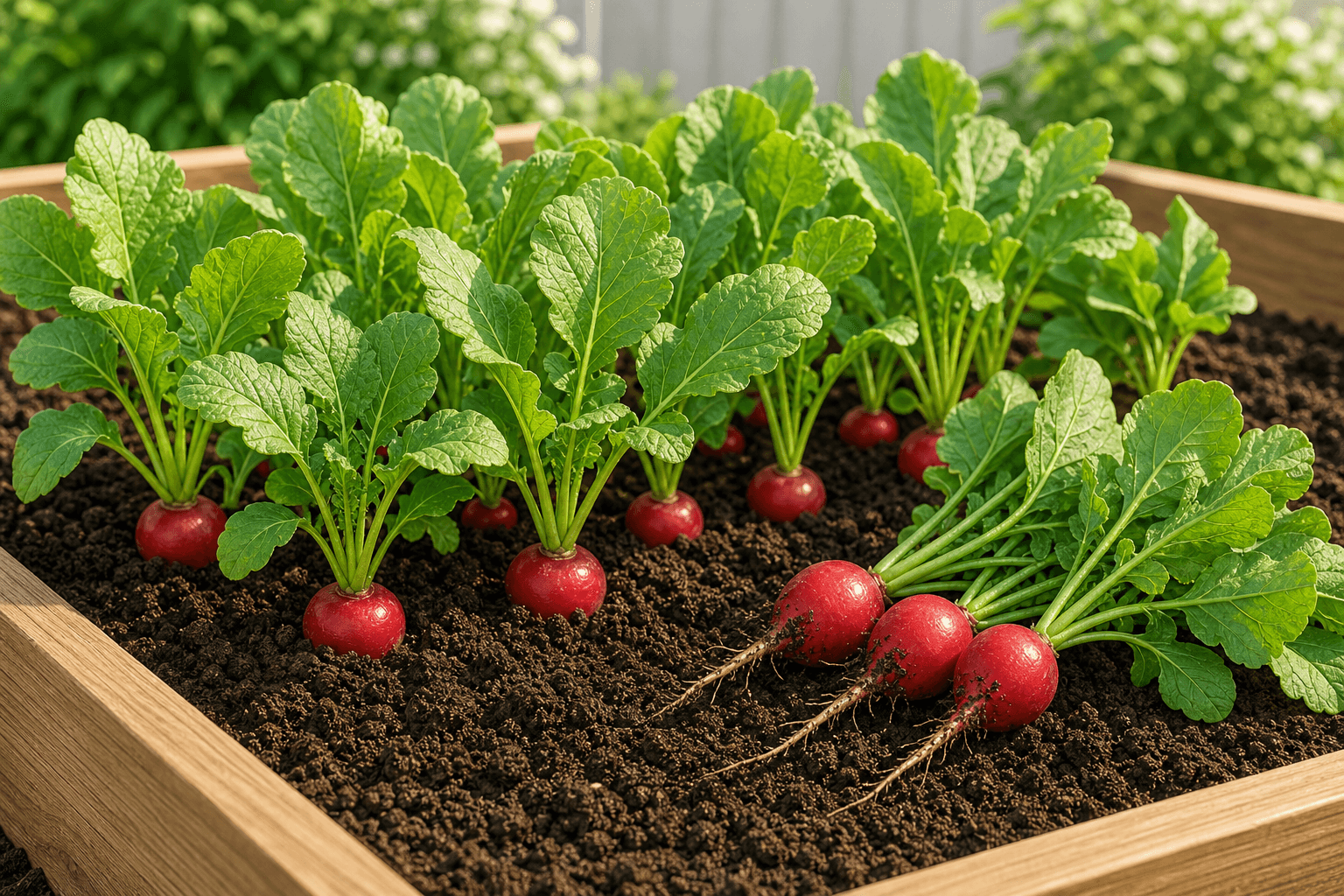 Red radishes with leafy tops growing in garden soil