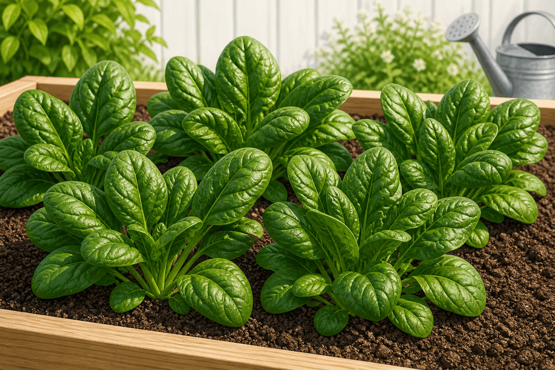 Spinach leaves growing in a cool-season vegetable bed