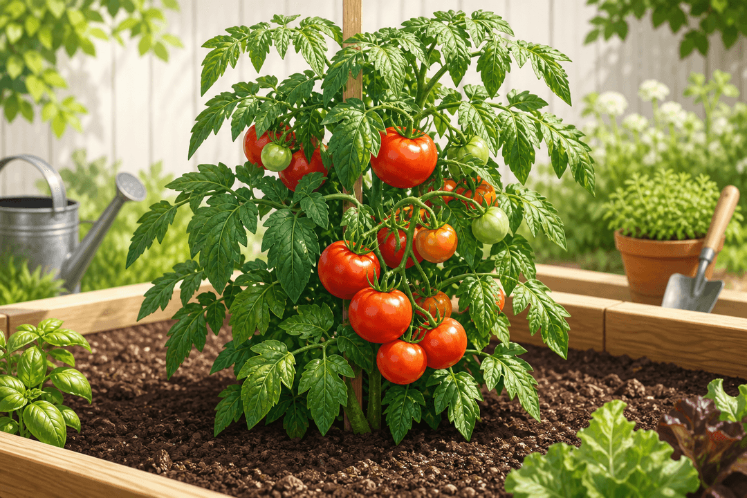 Tomato plant with ripe red tomatoes in a home vegetable garden