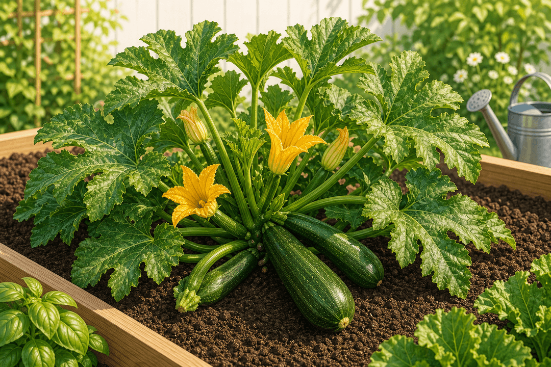 Zucchini plant with yellow blossoms and green squash