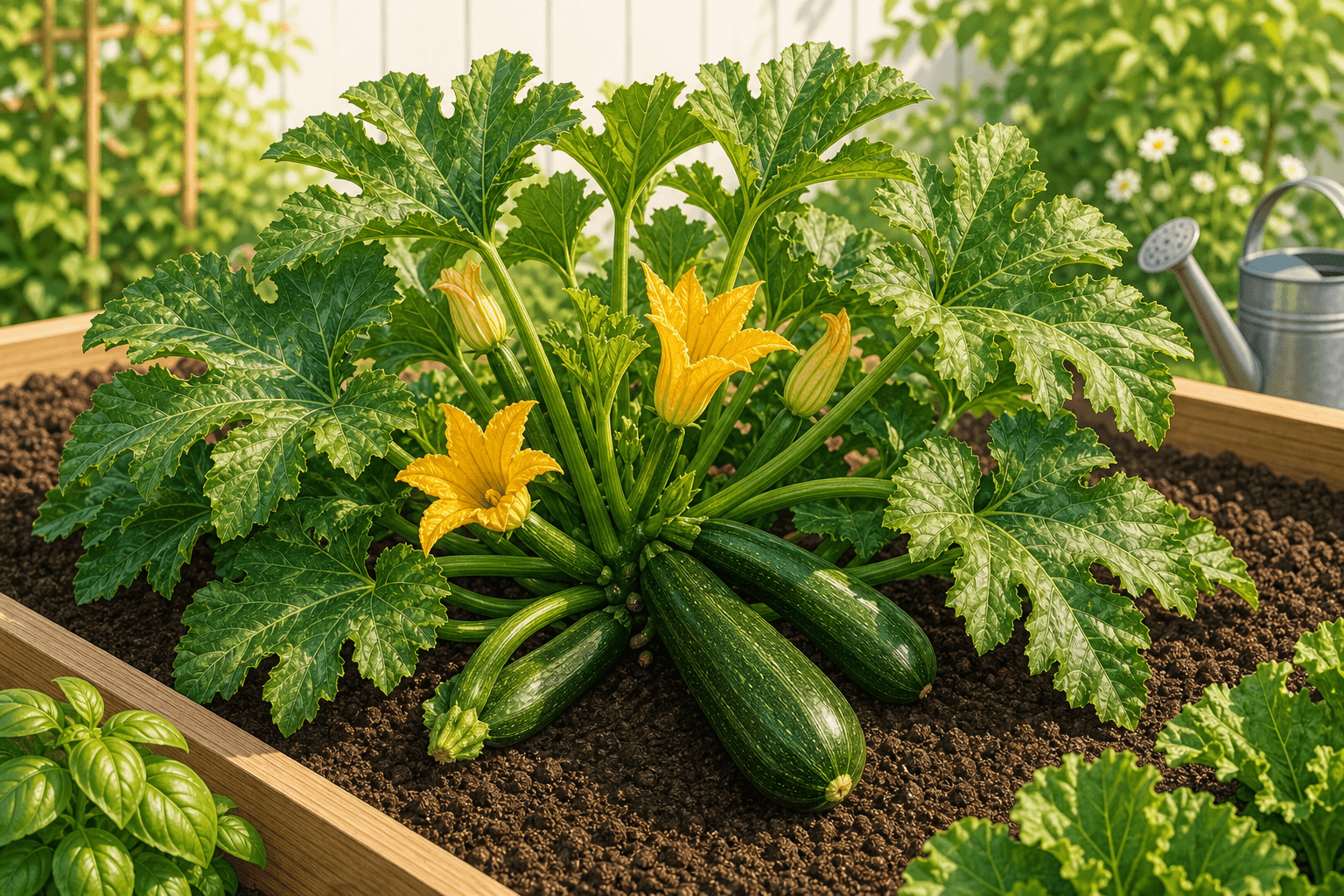 Zucchini plant with yellow blossoms and green squash